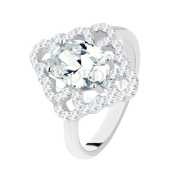 Gyűrű 925 ezüstből, csillogó rombusz, szív körvonalakkal és ovális, átlátszó cirkóniával