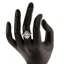Gyűrű 925 ezüstből, csillogó rombusz, szív körvonalakkal és ovális, átlátszó cirkóniával