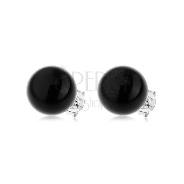 Fülbevaló 925 ezüstből, fényes golyó alakú gyöngy, fekete színben, 10 mm