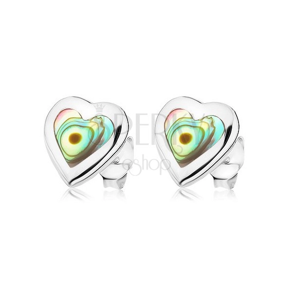 Bedugós fülbevaló, 925 ezüst, szimmetrikus szív Paua kagylóval