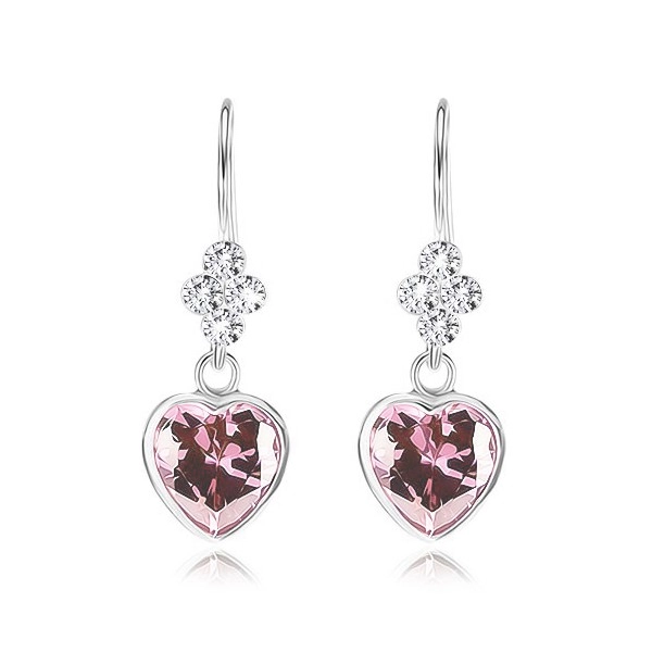 925 ezüst fülbevaló, átlátszó Swarovski kristályok, rózsaszín cirkóniás szív