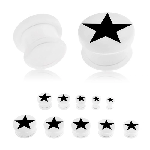 Fehér akril plug, fekete ötágú csillag, áttetsző gumi - Vastagság: 10 mm