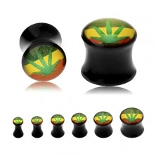 Fekete nyerges plug, zöld marihuána a háttérben raszta színekben