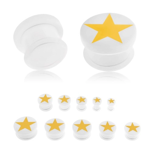 Fehér színű akril plug, sárga ötágú csillag, gumi - Vastagság: 12 mm
