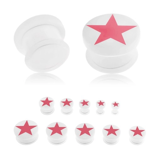 Fehér színű akril plug, rózsaszín ötágú csillag, gumi - Vastagság: 6 mm 