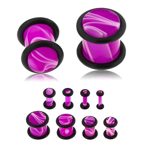 Akril plug, lila szín, márványminta, fekete gumik - Vastagság: 3 mm
