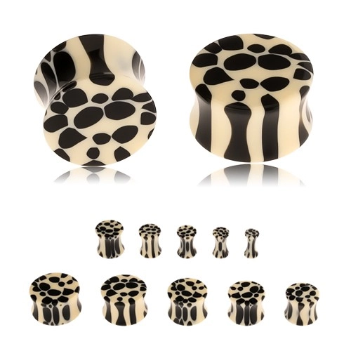 Nyerges fültágító akrilból, bézs-fekete leopárd minta - Vastagság: 10 mm