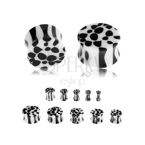 Nyerges fültágító akrilból, fekete-fehér leopárd minta