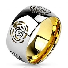Széles gyűrű 316L acélból, magas fény, ezüst szín, kivágás - virág
