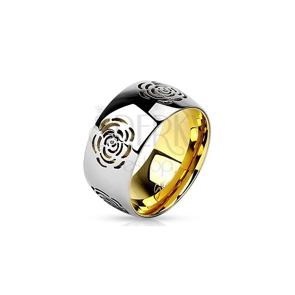 Széles gyűrű 316L acélból, magas fény, ezüst szín, kivágás - virág
