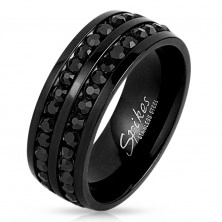 Gyűrű 316L acélból fekete színben, csillogó cirkóniás vonalak
