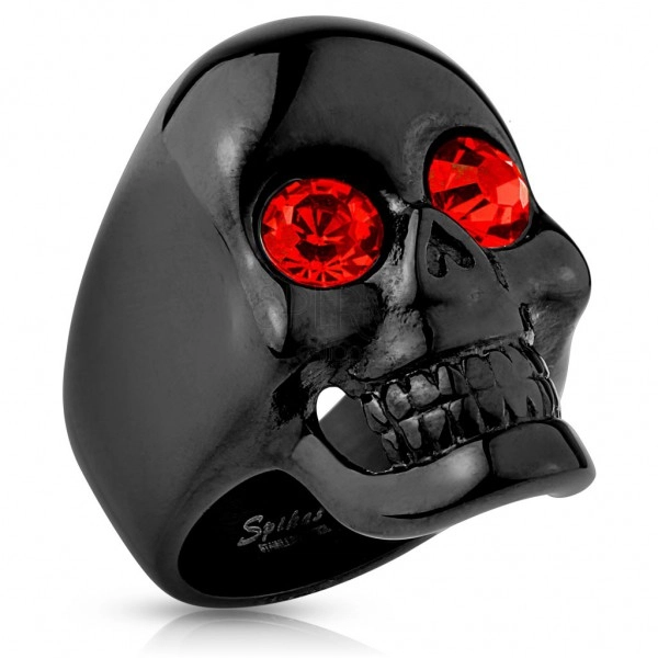 Masszív acél gyűrű fekete színben, koponya, piros cirkóniák magas fény