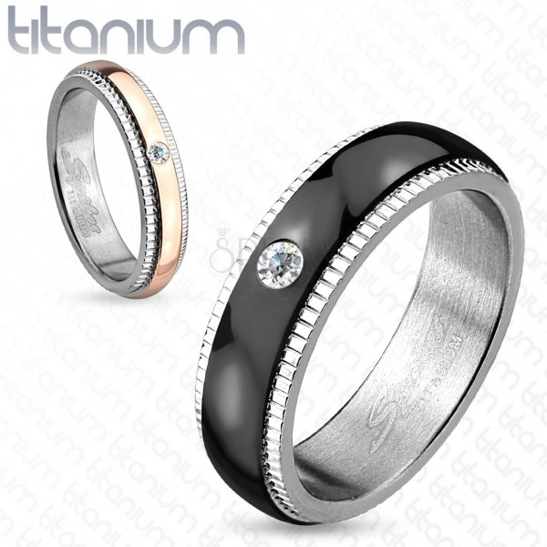 Titán karikagyűrű, ezüst szín, fekete cirkóniás sáv, recék, 6 mm