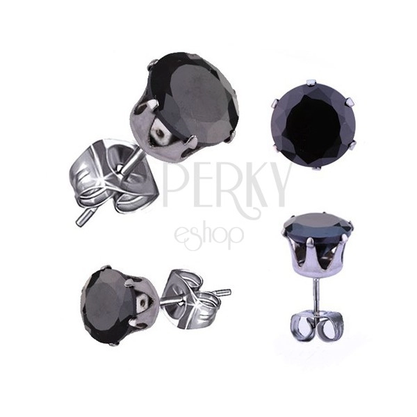 Fülbevaló sebészeti acélból, ezüst szín, fekete kerek cirkónia, 4 mm