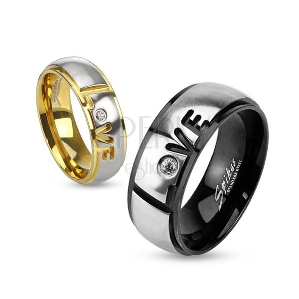316L acél gyűrű, fekete és ezüst szín, Love felirat, átlátszó cirkónia, 8 mm