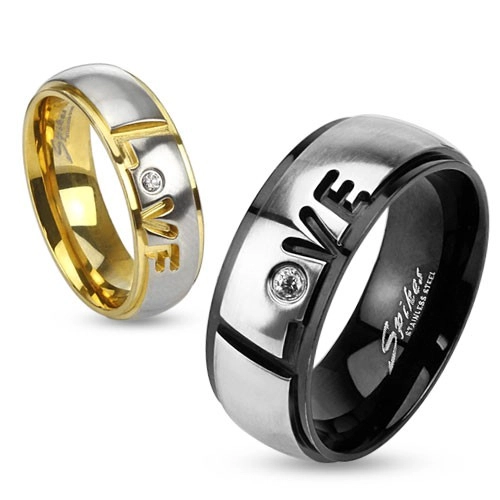 316L acél gyűrű, fekete és ezüst szín, Love felirat, átlátszó cirkónia, 8 mm - Nagyság: 62