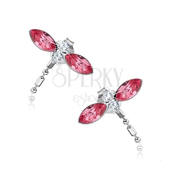 925 ezüst fülbevaló, szitakötő, rózsaszín szárnyak Swarovski kristályból, függő farok