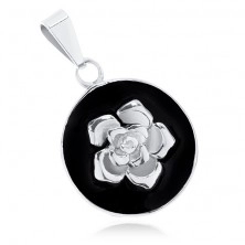 Medál 316L acélból, matt fekete karika, fényes ezüst színű rózsa