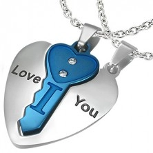 Acél kettős medál, szív ezüst színben kék kulccsal, felirat, cirkóniák