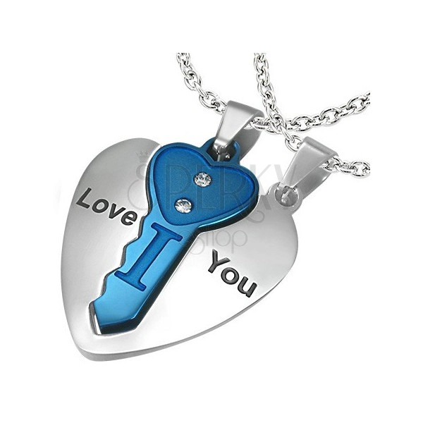 Acél kettős medál, szív ezüst színben kék kulccsal, felirat, cirkóniák