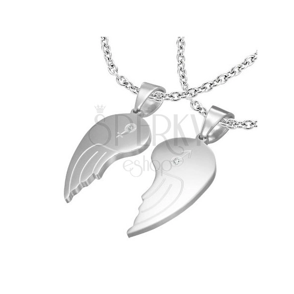 Kettősmedál 316L acélból, angyal szárnyak, férfi és női szimbólum, átlátszó cirkóniák
