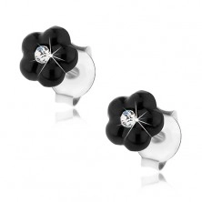 925 ezüst fülbevaló, fekete virág, Swarovski kristály átlátszó színben