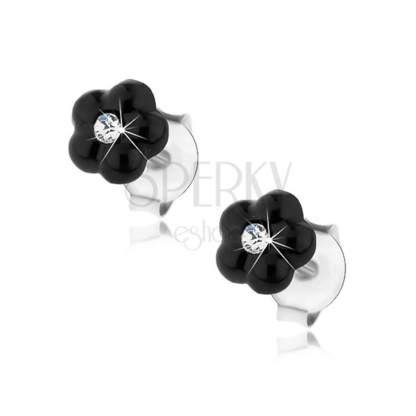 925 ezüst fülbevaló, fekete virág, Swarovski kristály átlátszó színben