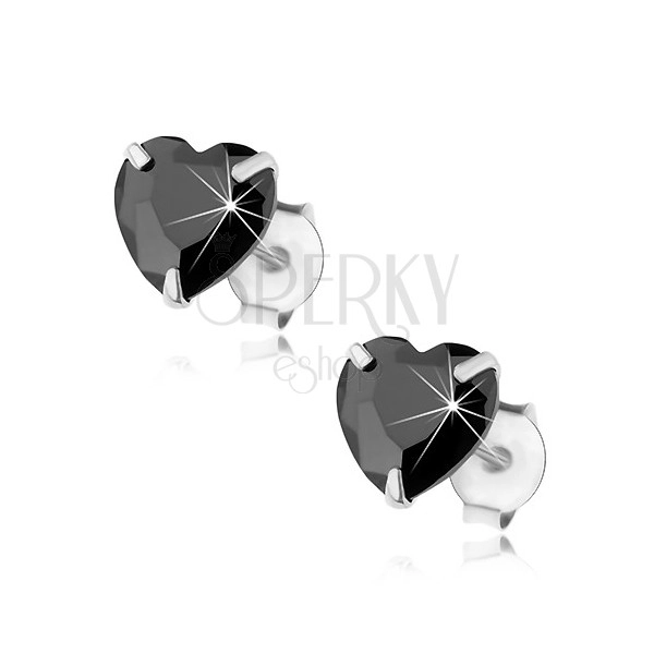 Beszúrós fülbevaló, 925 ezüst, szív alakú cirkónia fekete színben