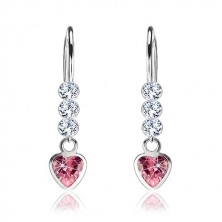 925 ezüst fülbevaló, rózsaszín cirkóniás szív, kerek átlátszó Swarovski kristály