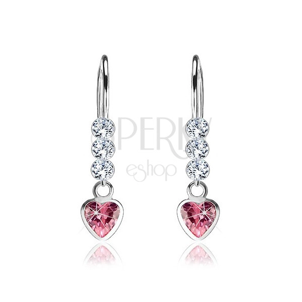 925 ezüst fülbevaló, rózsaszín cirkóniás szív, kerek átlátszó Swarovski kristály