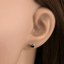 925 ezüst fülbevaló, beszúrós, fekete csiszolt cirkónia - szív, 5 mm