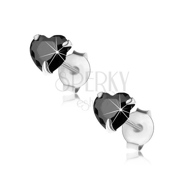 925 ezüst fülbevaló, beszúrós, fekete csiszolt cirkónia - szív, 5 mm