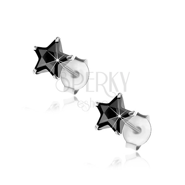 Fülbevaló 925 ezüstből, beszúrós, csiszolt csillagok fekete cirkóniákkal, 6 mm