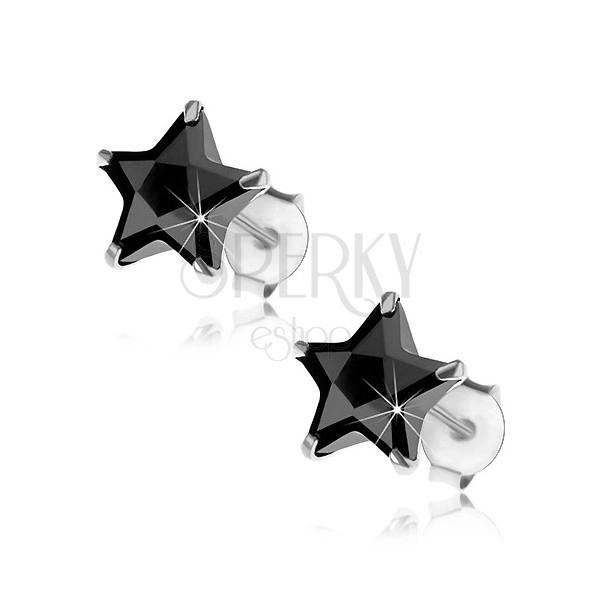 Fülbevaló 925 ezüstből, beszúrós, csiszolt csillagok fekete cirkóniákkal, 8 mm