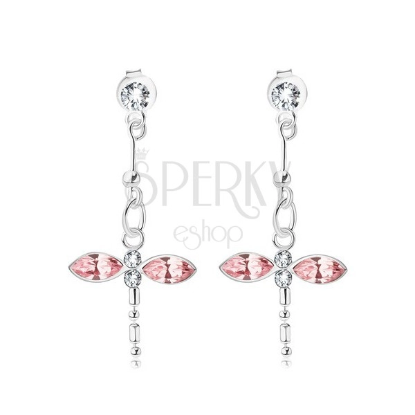 925 ezüst fülbevaló, függő szitakötő, átlátszó és rózsaszín Swarovski kristályok