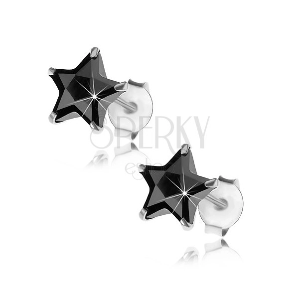 Beszúrós 925 ezüst fülbevaló, fekete cirkóniás csillag, 7 mm