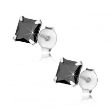 Beszúrós fülbevaló, 925 ezüst, cirkóniás négyzet fekete színben, 5 mm