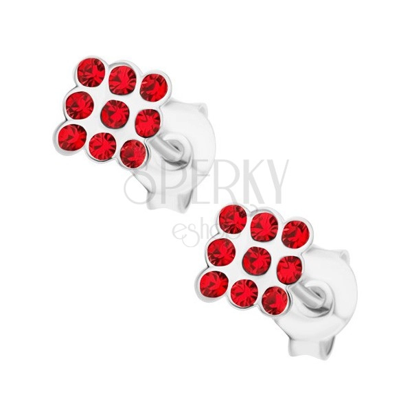 Beszúrós fülbevaló 925 ezüstből, négyzetek piros Swarovski kristályokkal