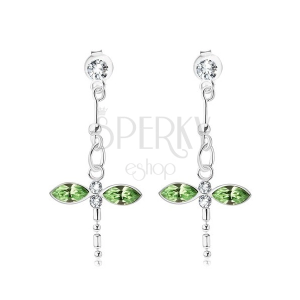 925 ezüst fülbevaló, függő szitakötő, átlátszó és zöld Swarovski kristályok