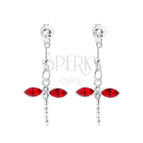 925 ezüst fülbevaló, függő szitakötő, átlátszó és piros Swarovski kristályok