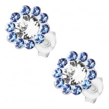 925 ezüst fülbevaló, csillogó virág, átlátszó és kék Preciosa kristályok