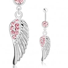 Piercing 316L acélból, ezüst szín, angyal szárny, rózsaszín cirkóniák