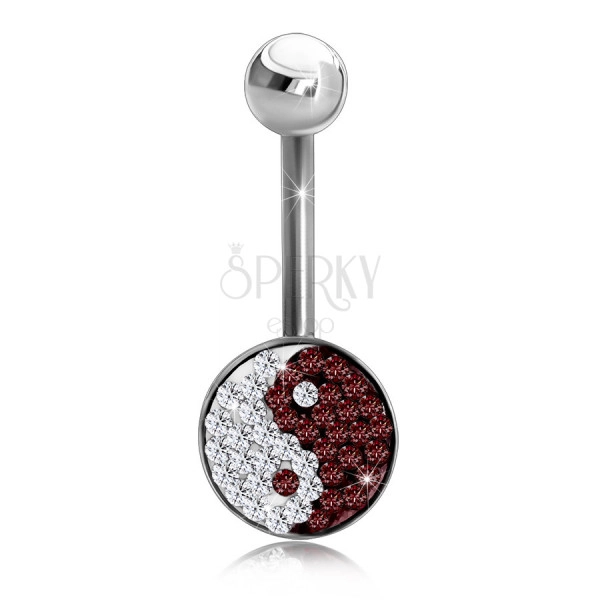 Piercing sebészeti acélból, ezüst szín, csillogó Jin és Jang szimbólum, átlátszó és sötét piros cirkóniák