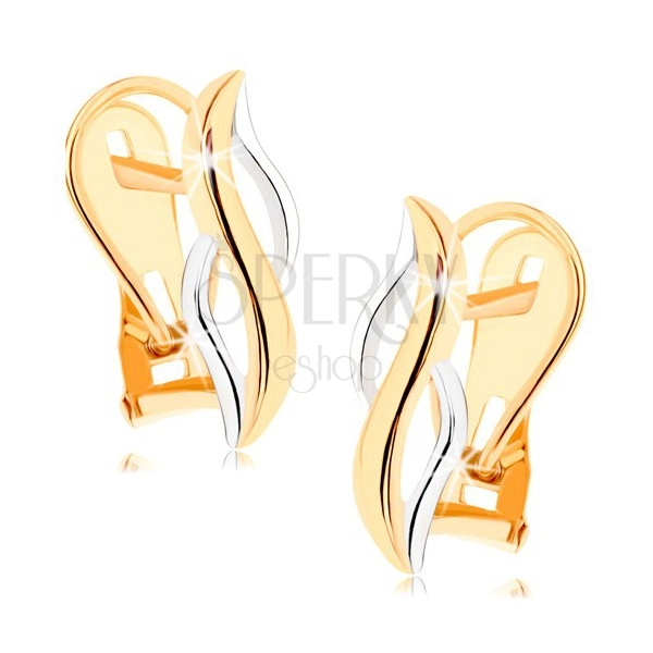 375 arany fülbevaló - fényes függőleges hullámok sárga és fehér aranyból