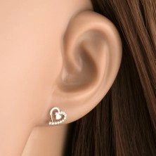 Fülbevaló 9K aranyból - szívkörvonal cirkóniás féllel és kis szívvel
