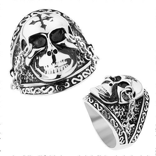 Acél gyűrű ezüst színben, fényes koponya kereszttel, lánc, patina - Nagyság: 58