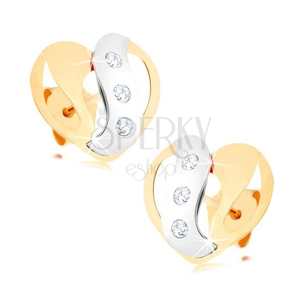Fülbevaló 9K sárga és fehér aranyból - kétszínű szív kivágásokkal és cirkóniákkal