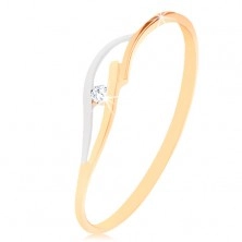 9K fehér és sárga arany gyűrű, vékony szárak, hullám és átlátszó cirkónia