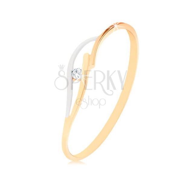 9K fehér és sárga arany gyűrű, vékony szárak, hullám és átlátszó cirkónia