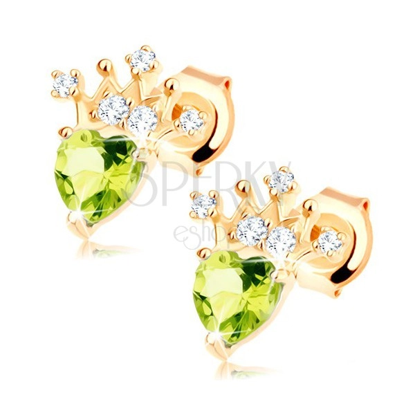 585 arany fülbevaló - zöld olivin szívecske, csillogó korona 